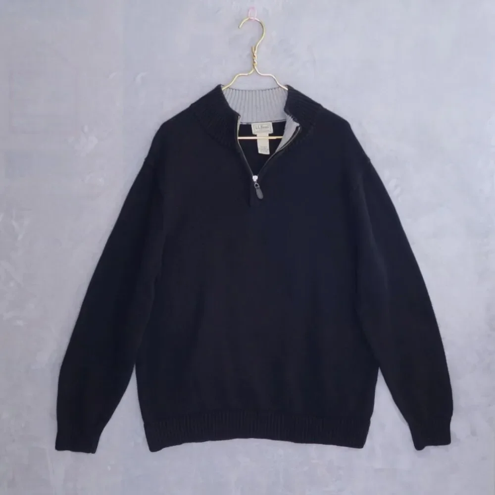 LL BEAN Black 1/4 Zip Sweater Size XL Cotton Pullover Classic Preppy